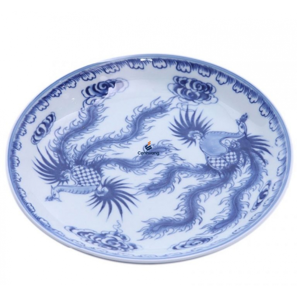 Đĩa sứ Đựng Đồ Ăn Bát Tràng Vẽ Phượng – Men Lam Cổ 22cm