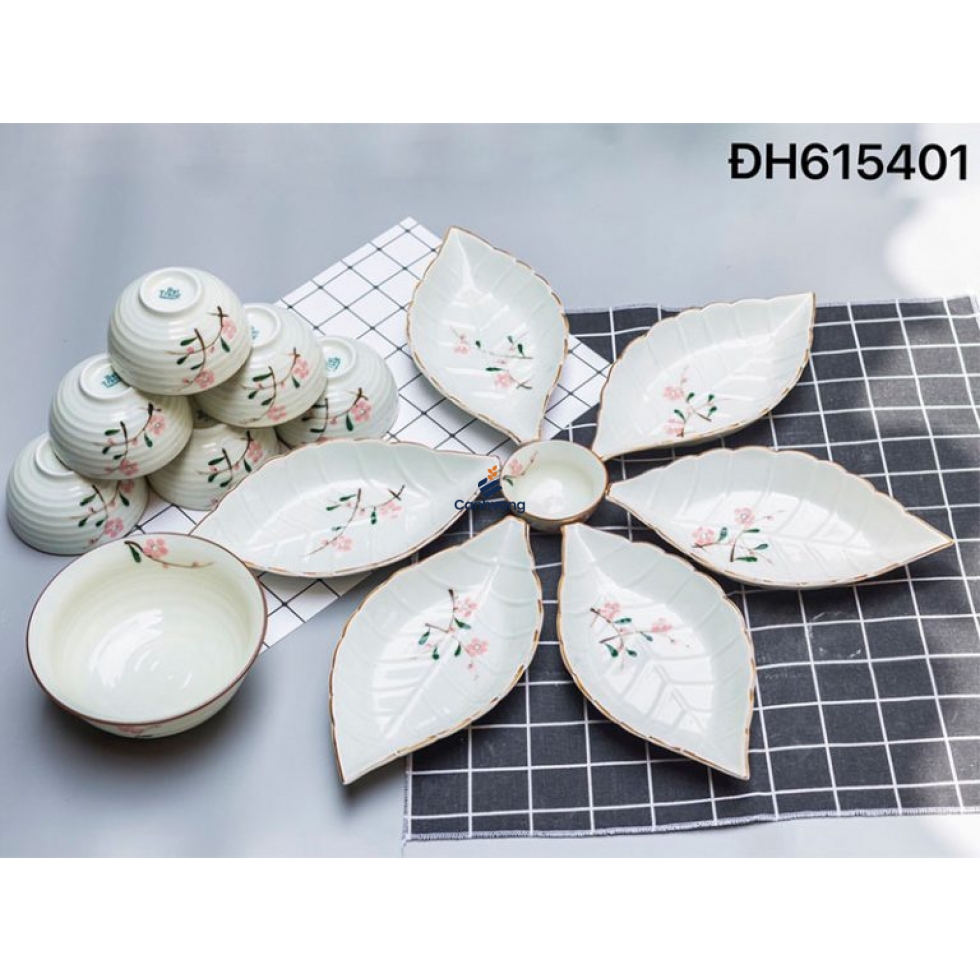 Bộ Bàn Ăn Hoa Mặt Trời Men Kem Hoa Đào 14 Sản Phẩm 
