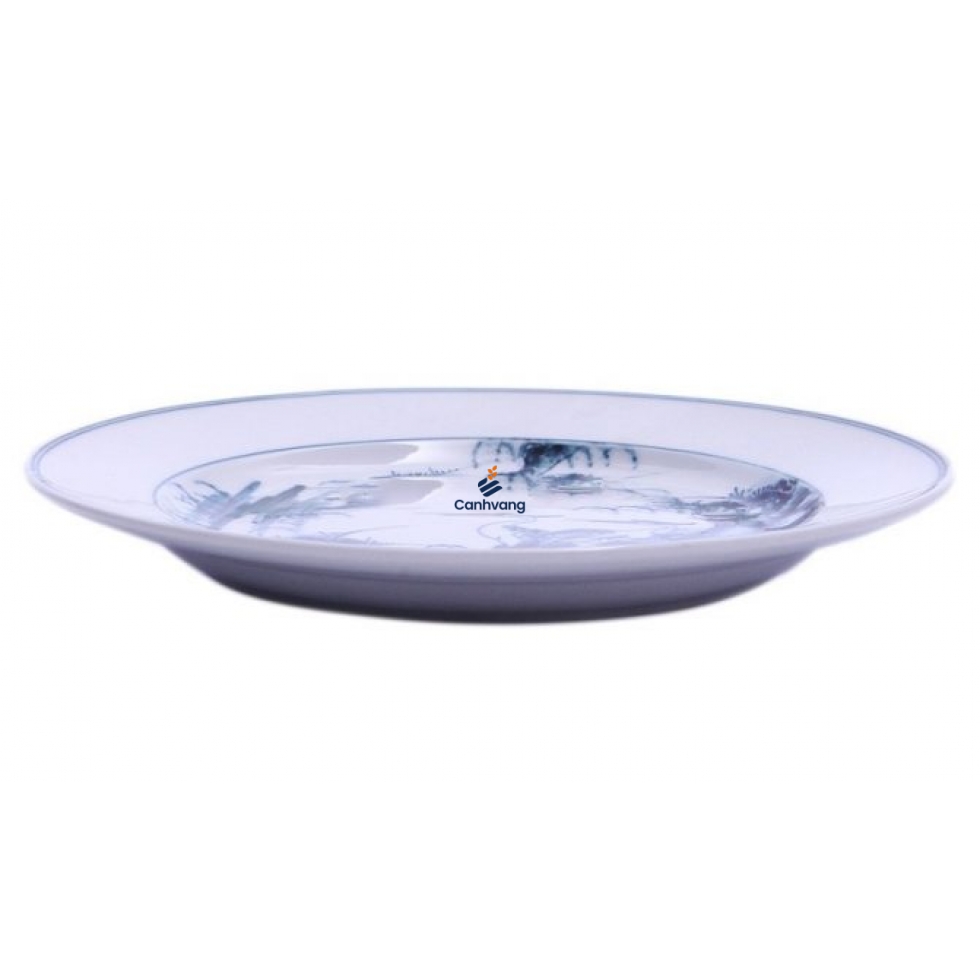 Đĩa sứ Dáng Bằng Bát Tràng Vẽ Tùng Hạc – Men Chàm 22cm