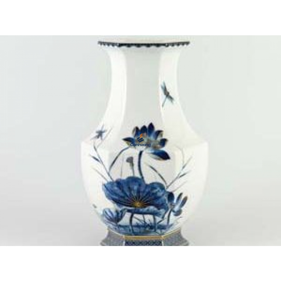 Bình Hoa Minh Long – Lộc Phát Sen Vàng Nền Trắng 28cm