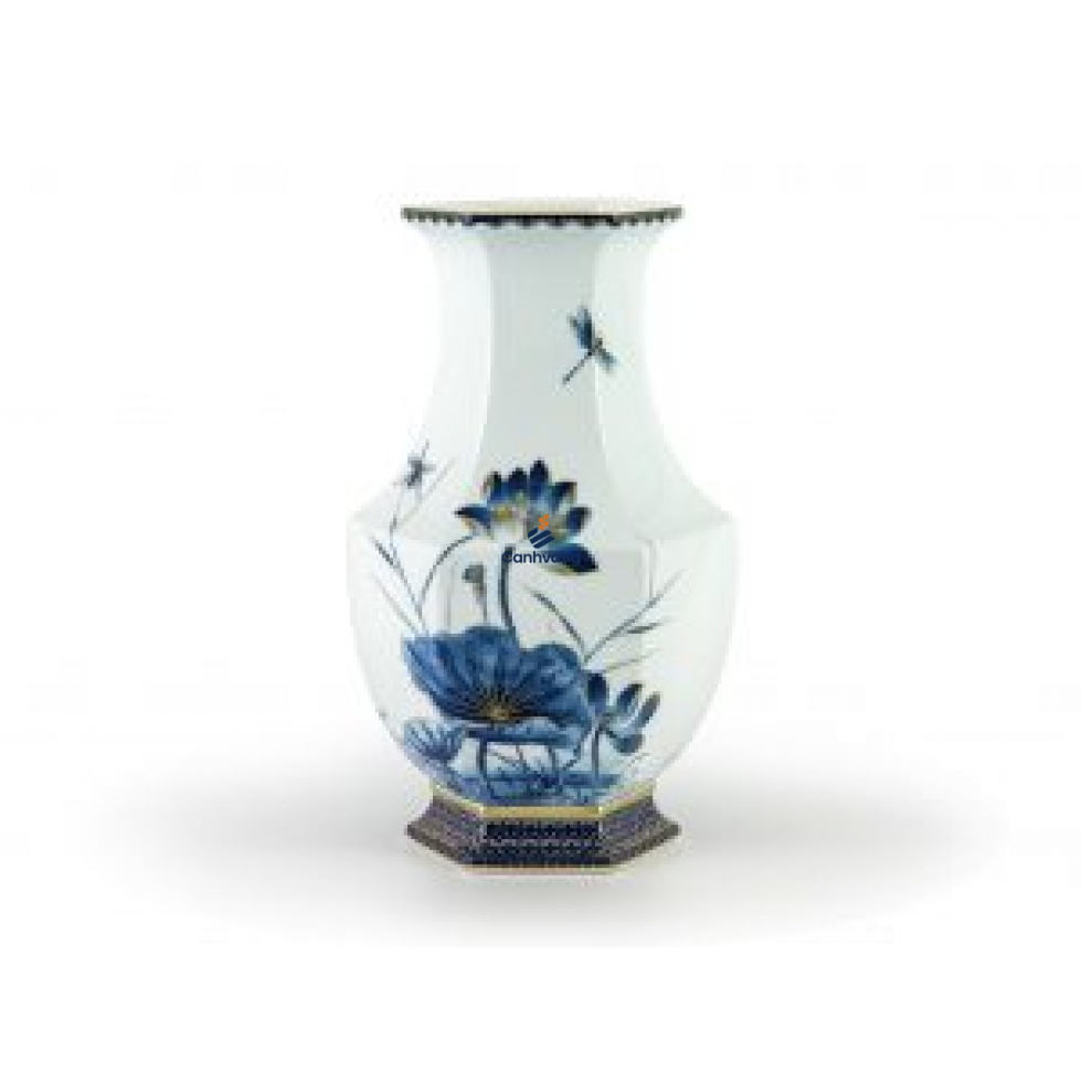 Bình Hoa Minh Long- Lộc Phát Sen Vàng Nền Xanh Ngọc 28cm