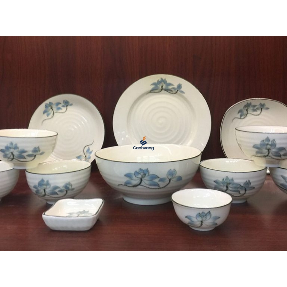 Bộ 12 Sản Phẩm Chén Dĩa Vẽ Sen Nâu Cao Cấp