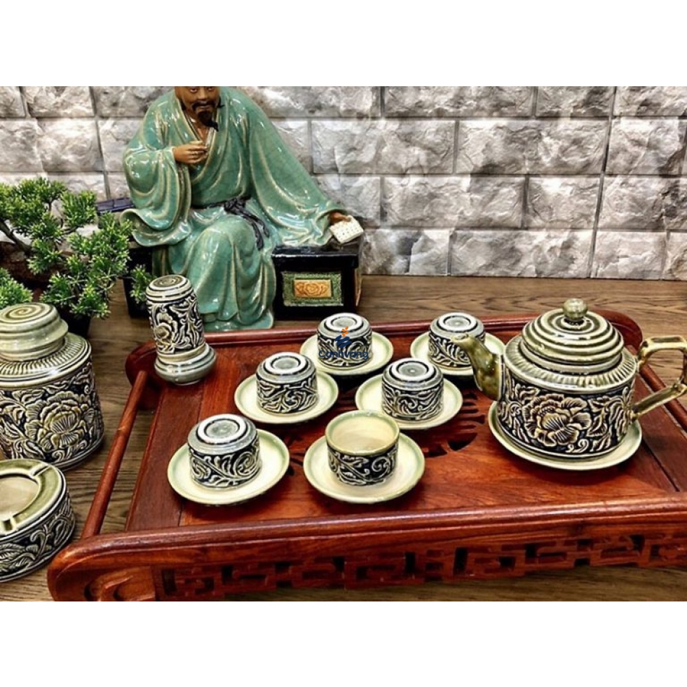 Bộ Ấm Chén Bát Tràng Khắc Nổi Hoa Phù Dung