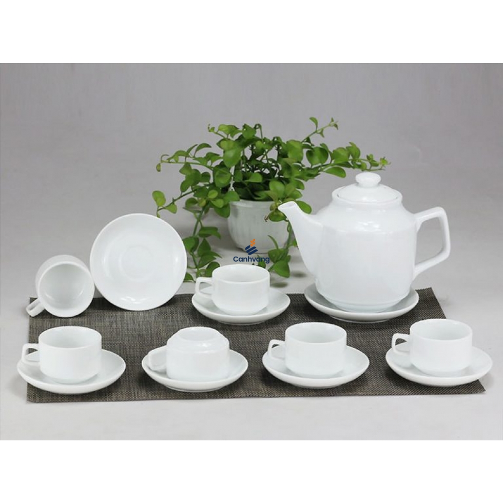 Bộ Ấm Chén Bát Tràng Men Trắng Vuông Cao