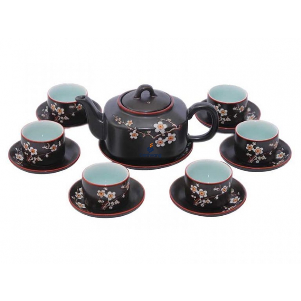 Bộ Ấm Chén Dáng Chữ Nhật Khắc Hoa Mai Trắng