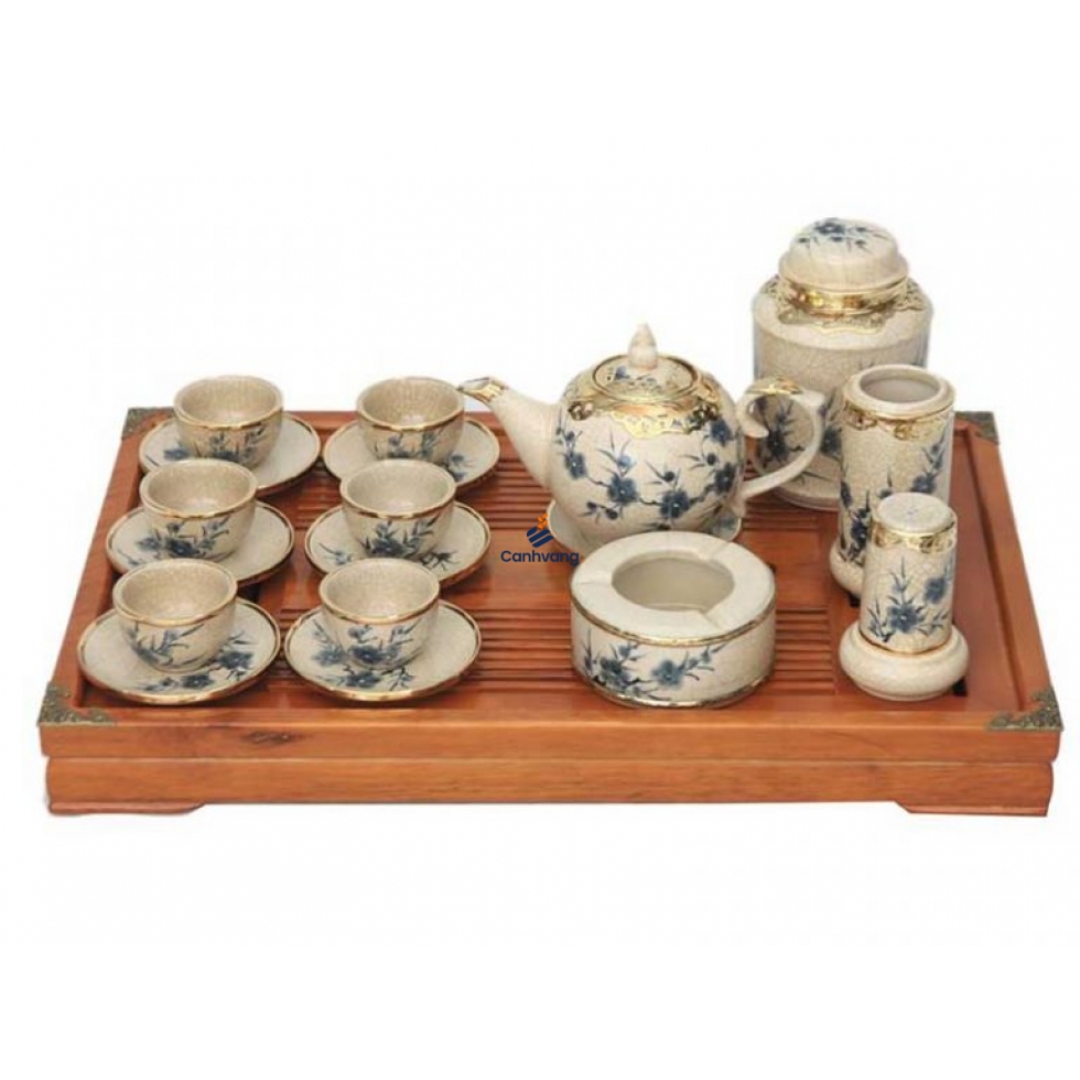Bộ Ấm Chén Men Rạn Phác Họa Hoa Đào, Kỹ Thuật Nghệ Nhân Bọc Đồng (Bao Gồm Phần Khay)