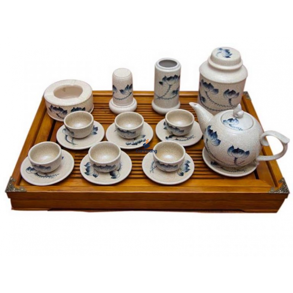 Bộ Ấm Chén Men Rạn Vẽ Hoa Sen Phụ Kiện Và Khay