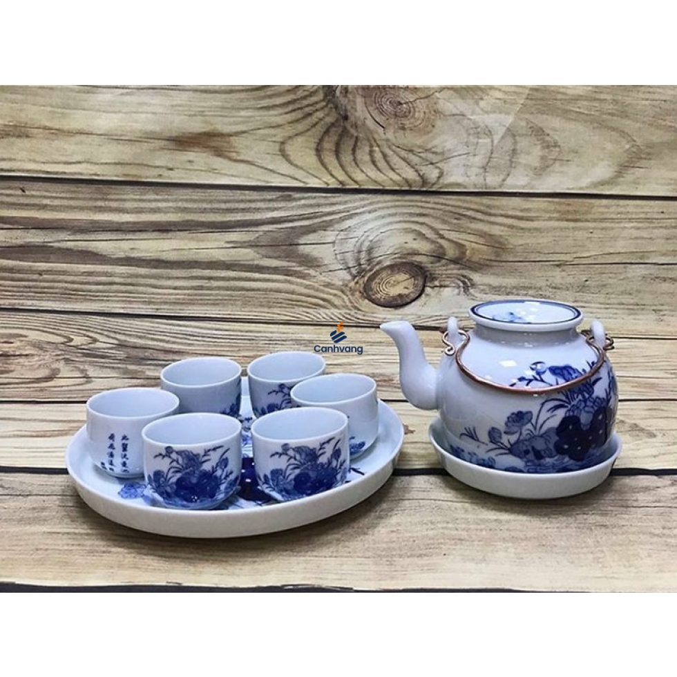 Bộ Ấm Chén Nắp Lõm Men Lam Vẽ Sen