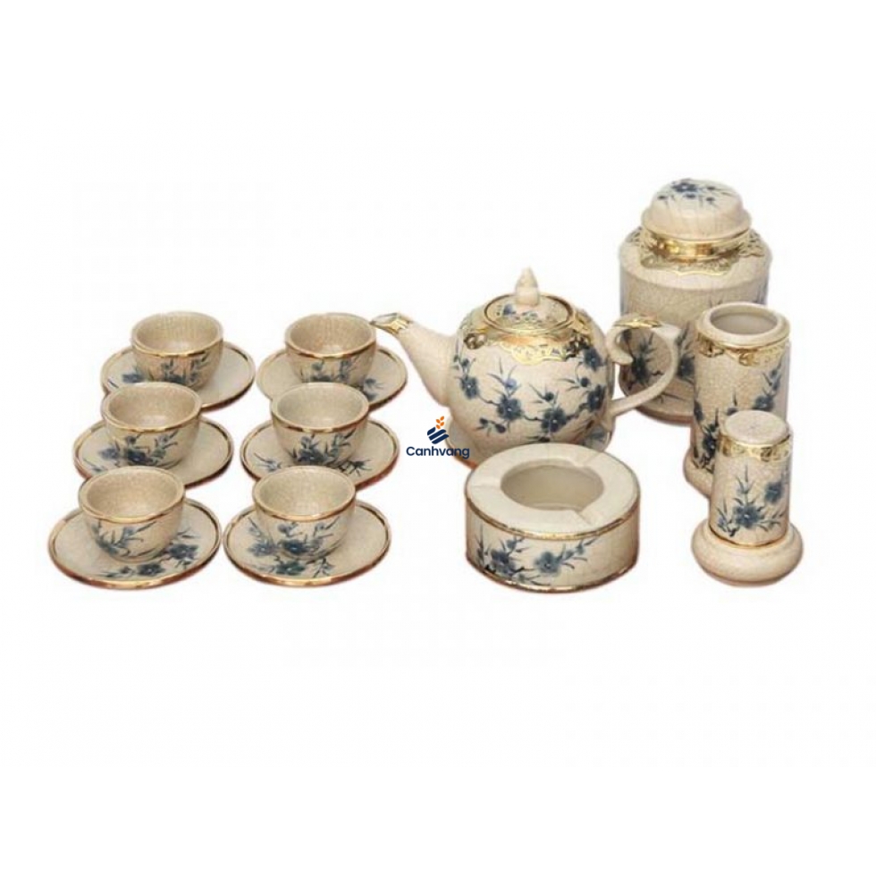 Bộ Ấm Chén Vẽ Hoa Đào Men Rạn Cổ Và Phụ Kiện