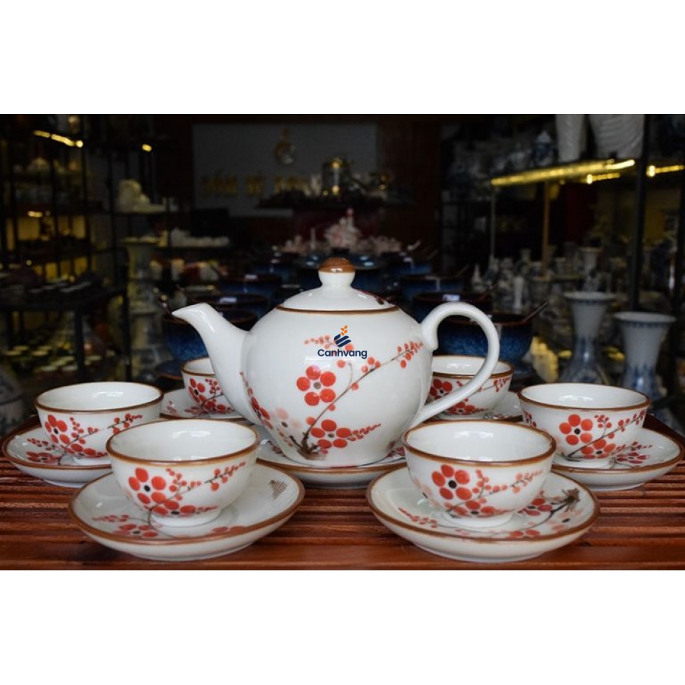 Bộ Ấm Trà Bát Tràng Men Bóng Vẽ Hoa 500ml