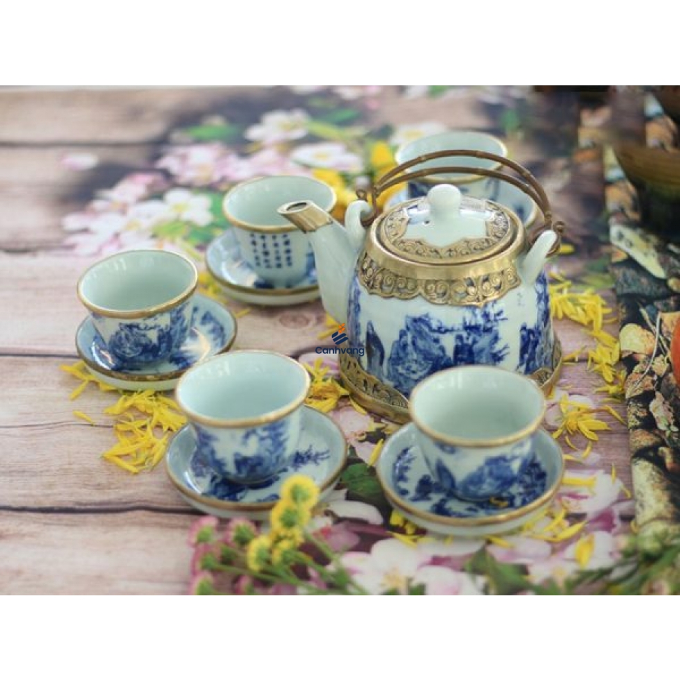 Bộ ấm trà Bát Tràng men xanh vuốt tay S2 bọc đồng