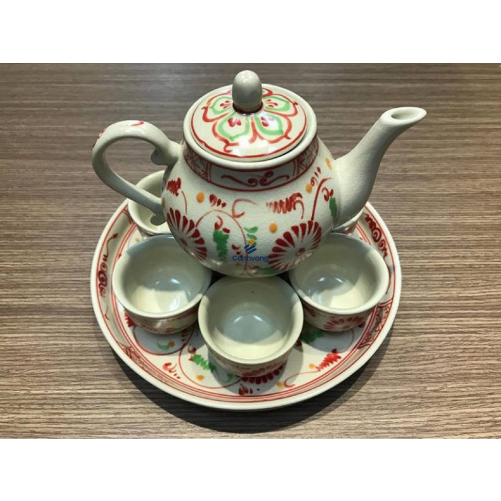 Bộ Ấm Trà Bát Tràng Tam Thái Vẽ Cúc Đỏ