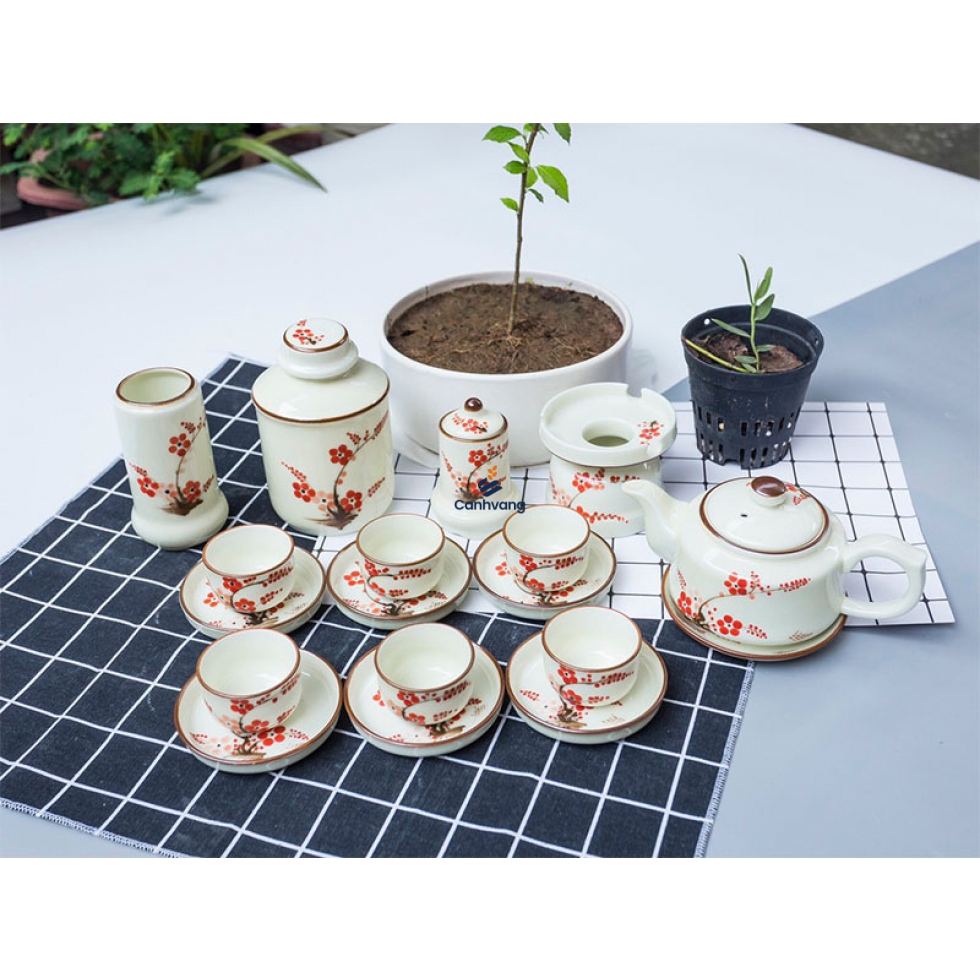 Bộ Ấm Trà Hoa Đào ML Men Kem