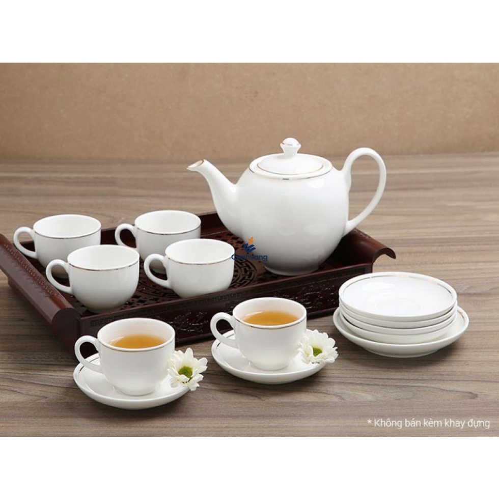 Bộ Ấm Trà Sứ Trắng Kẻ Viền Vàng