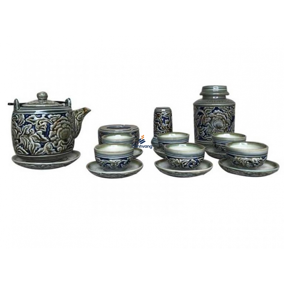 Bộ Ấm Trà Và Phụ Kiện Khắc Nổi Hoa Phù Dung Xanh