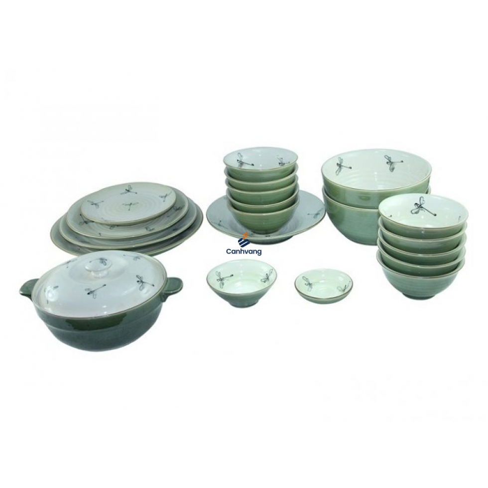 Bộ Bàn Ăn Bát Tràng Vẽ Chuồn Chuồn Trắng Xanh
