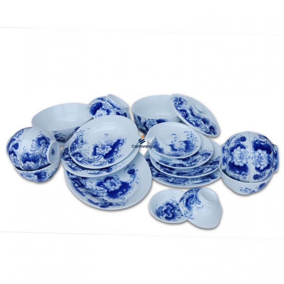 Bộ Bàn Ăn Bát Tràng Vẽ Hoa Sen – Men Trắng
