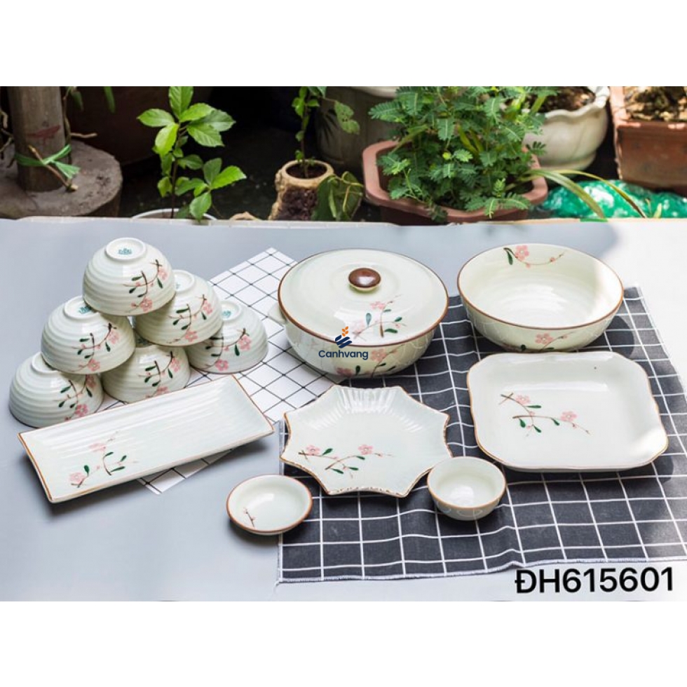 Bộ Bàn Ăn Men Kem Hoa Đào 12 Sản Phẩm