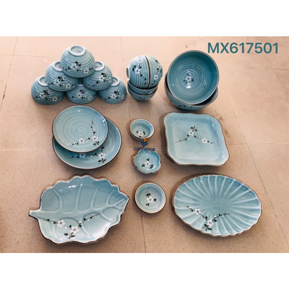 Bộ Bàn Ăn Men Xanh Hoa Đào Chấm Bi 20 Sản Phẩm