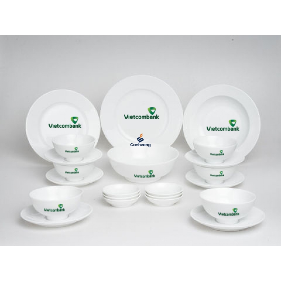 Bộ Đồ Ăn Minh Long Camelia Trắng 22 Sp Giá In Logo VietcomBank