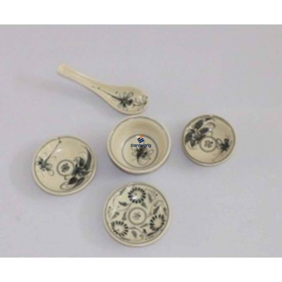 Bộ Đựng Gia Vị Bát Tràng Tam Thái Khoai Chuồn Đen