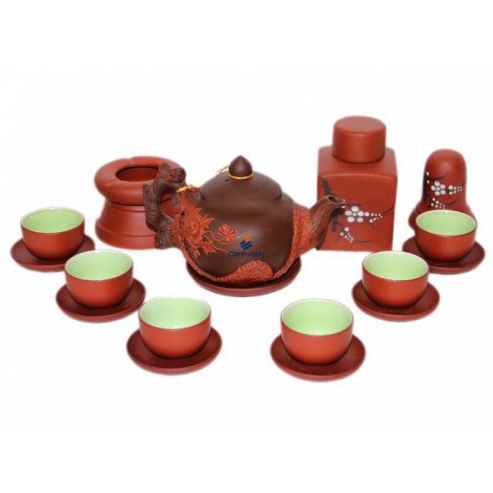 Bộ Pha Trà Gốm Đen Đắp Nổi Hoa Phù Dung Đỏ