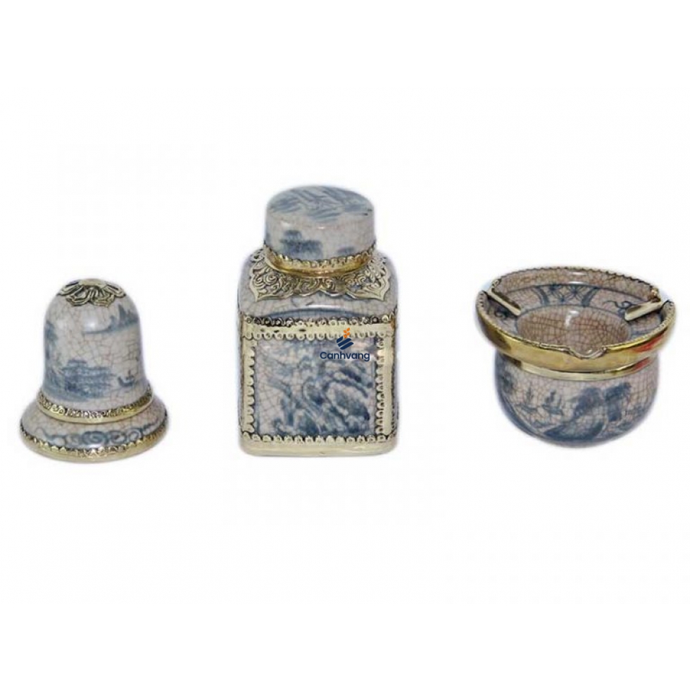 Bộ Phụ Kiện Gốm – Gạt Tàn – Lọ Chè Vuông – Ống Tăm – Men Rạn