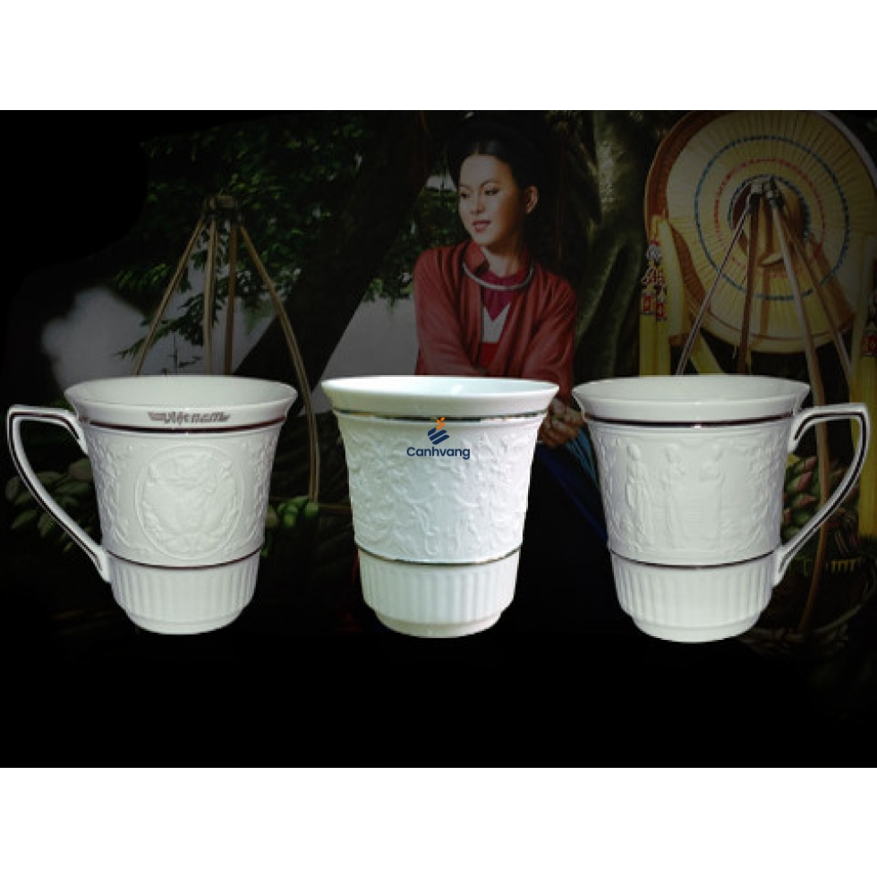 Ca Trà Minh Long Phù Điêu Dân Tộc Chỉ Bạch Kim