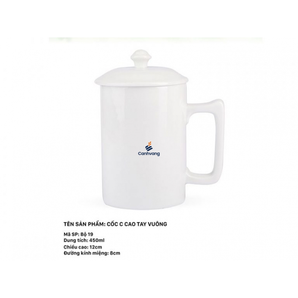 Cốc Sứ C Cao Quai Tay Vuông 450ml + Nắp