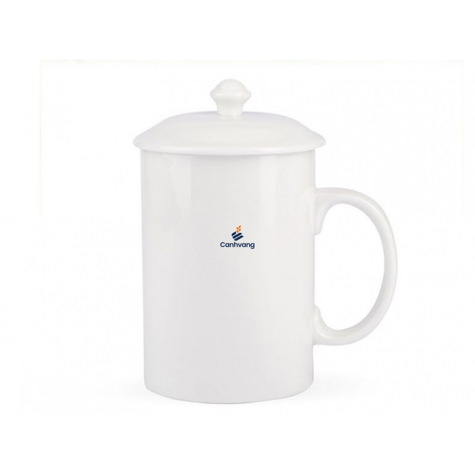 Cốc Sứ Quai C Dáng Cao 450ml + Nắp