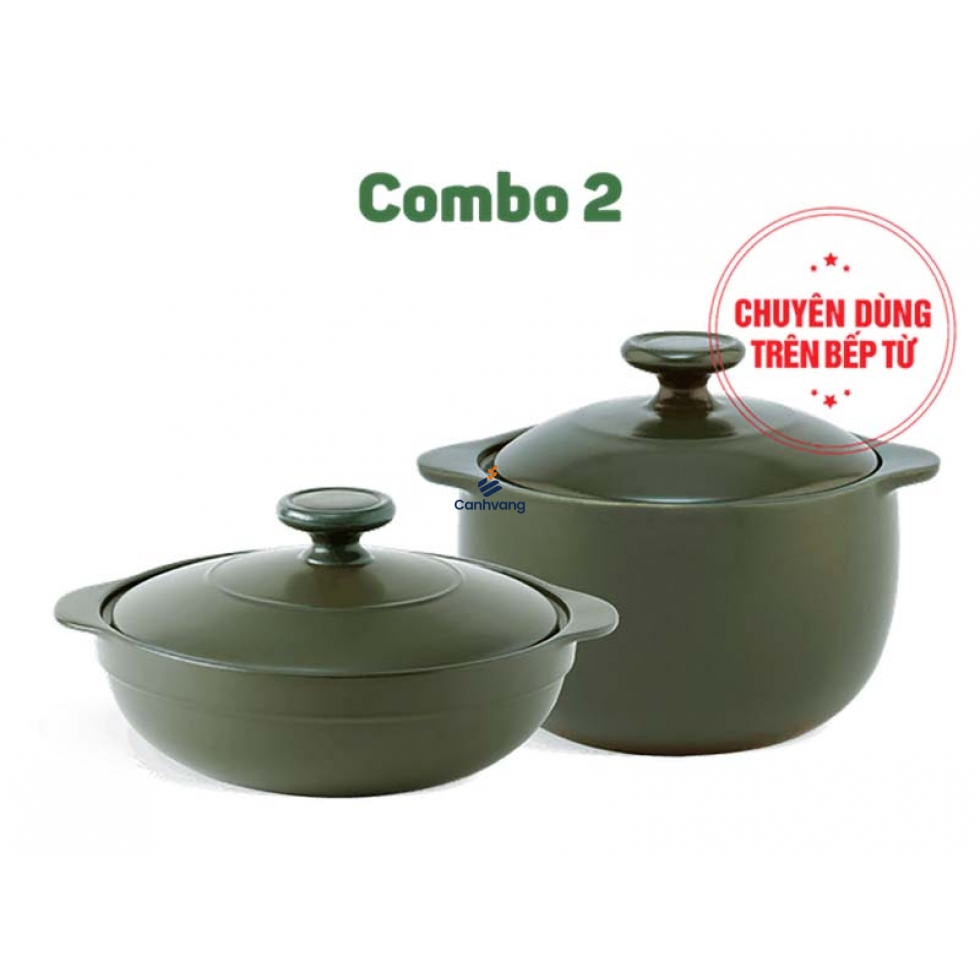 Combo Sinh Nhật Nồi sứ dưỡng sinh 2 – Luna 2.0 L + Vesta 3.0 L (CK) (bếp từ) + nắp – HealthyCook – Xanh rêu