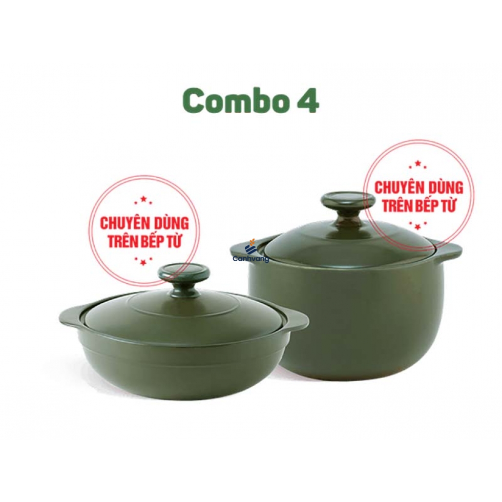 Combo Sinh Nhật Nồi sứ dưỡng sinh 4 – Luna 1.0 L (CK) (bếp từ) + Vesta 2.0 L (CK) (bếp từ) + nắp – HealthyCook – Xanh rêu