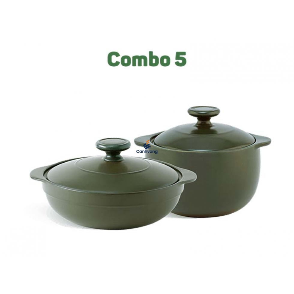 Combo Sinh Nhật Nồi sứ dưỡng sinh 5 – Luna 3.0 L + Vesta 2.0 L + nắp – HealthyCook – Xanh rêu