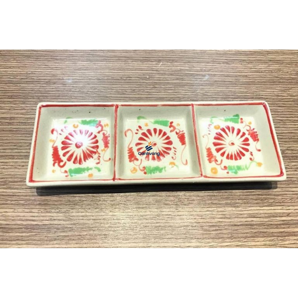 Khay Muỗi 3 Ngăn Bát Tràng Tam Thái Hoa Cúc Đỏ