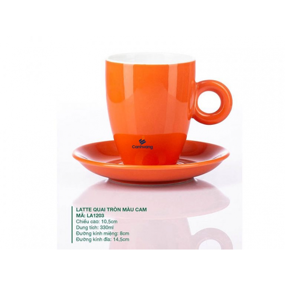 Ly Latte Sứ Quai Tròn Màu Cam 330ml