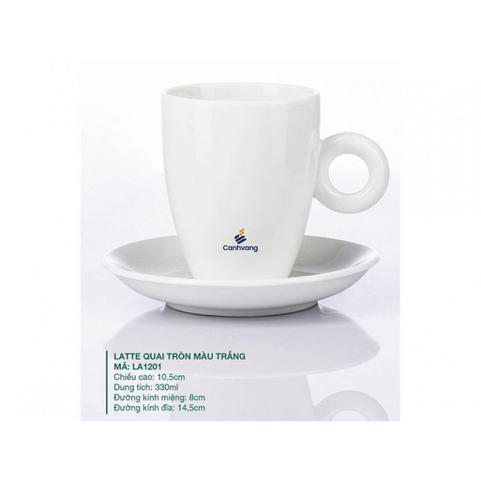 Ly Latte Sứ Quai Tròn Màu Trắng 0.33L