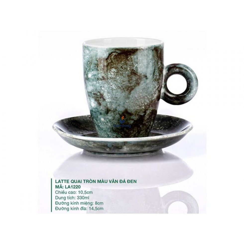 Ly Latte Sứ Quai Tròn Màu Vân Đá Đen 330ml